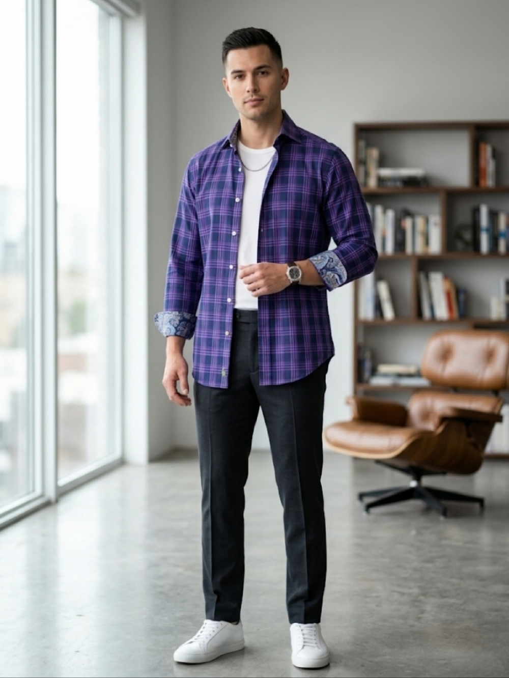 TAILORBYRD Men Purple White Plaid Paisley Cuff 100% Cotton Button-Up Shirt S